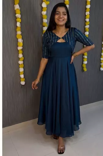 Deep blue flared gown with sequence striped koti jacket