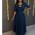 Deep blue flared gown with sequence striped koti jacket