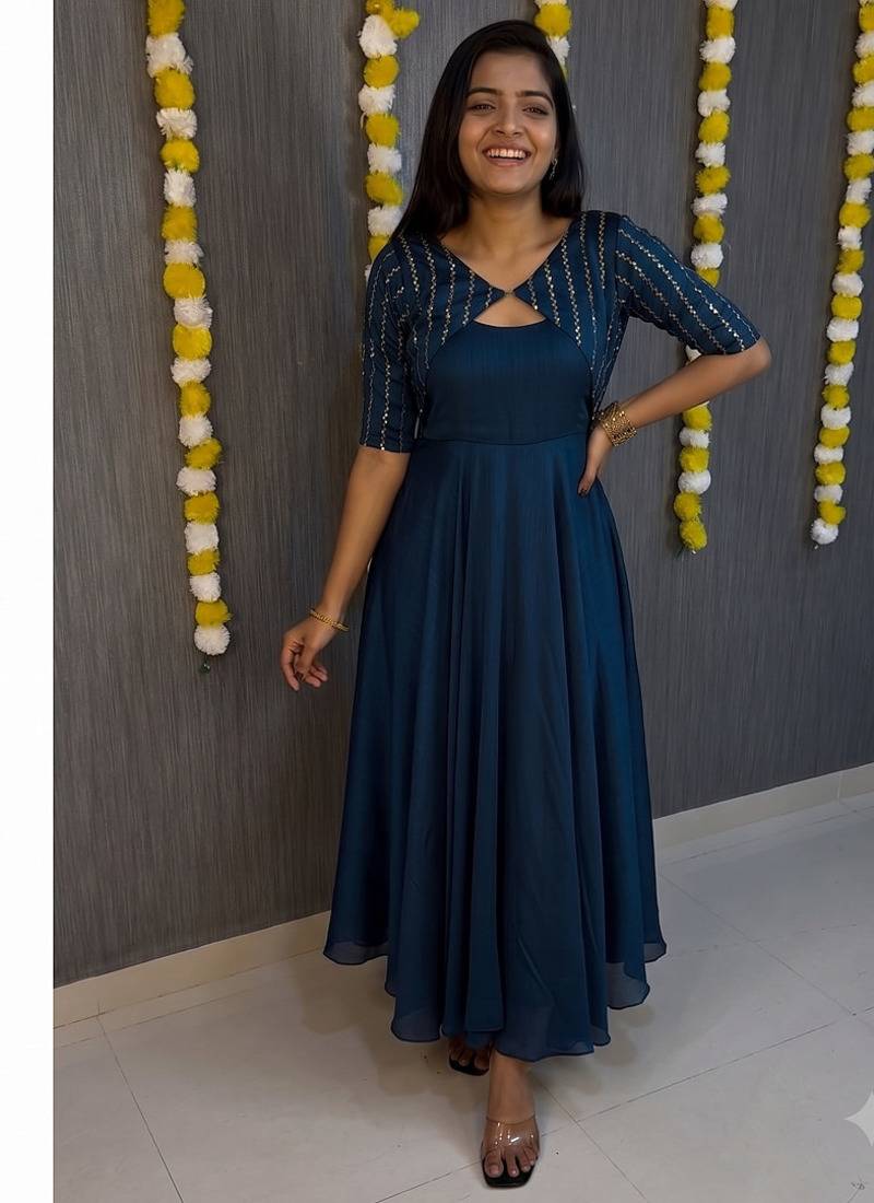Deep blue flared gown with sequence striped koti jacket