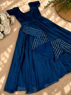 Deep blue flared gown with sequence striped koti jacket 4