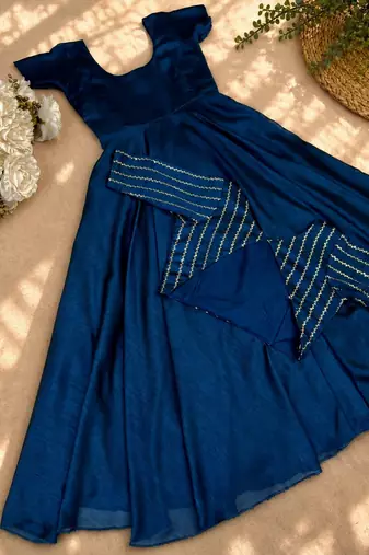 Deep blue flared gown with sequence striped koti jacket