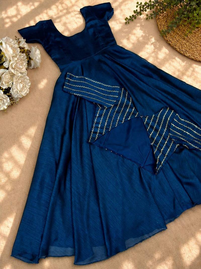 Deep blue flared gown with sequence striped koti jacket