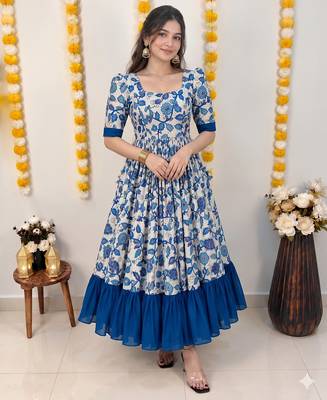 Blue floral print flared anarkali gown with frill border 1