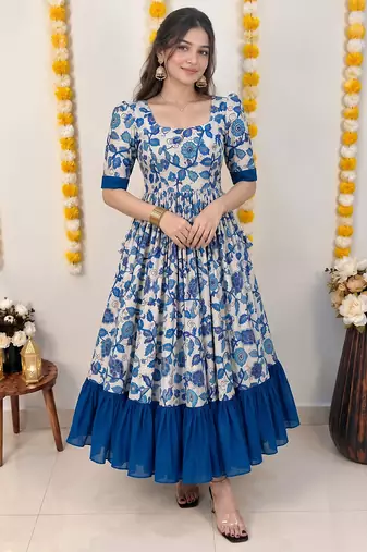 Blue floral print flared anarkali gown with frill border