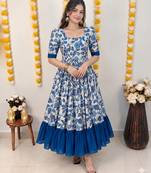 Blue floral print flared anarkali gown with frill border