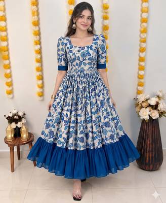 Blue floral print flared anarkali gown with frill border 2