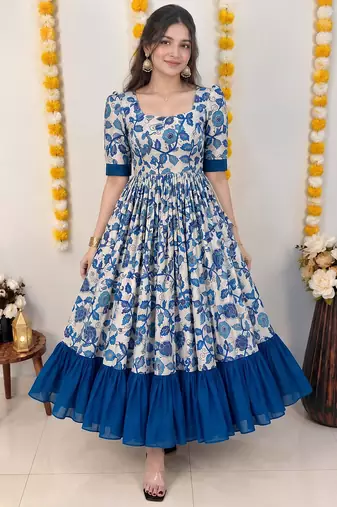 Blue floral print flared anarkali gown with frill border