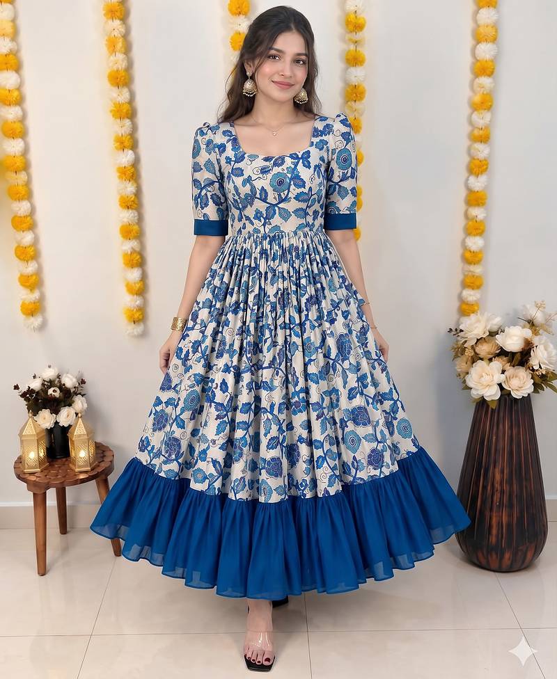 Blue floral print flared anarkali gown with frill border