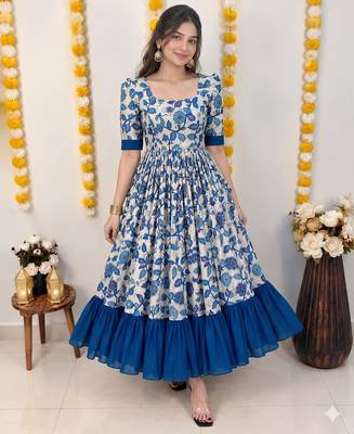 Blue floral print flared anarkali gown with frill border 3