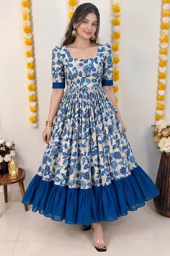 Blue floral print flared anarkali gown with frill border