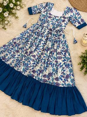 Blue floral print flared anarkali gown with frill border 4
