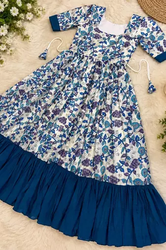 Blue floral print flared anarkali gown with frill border