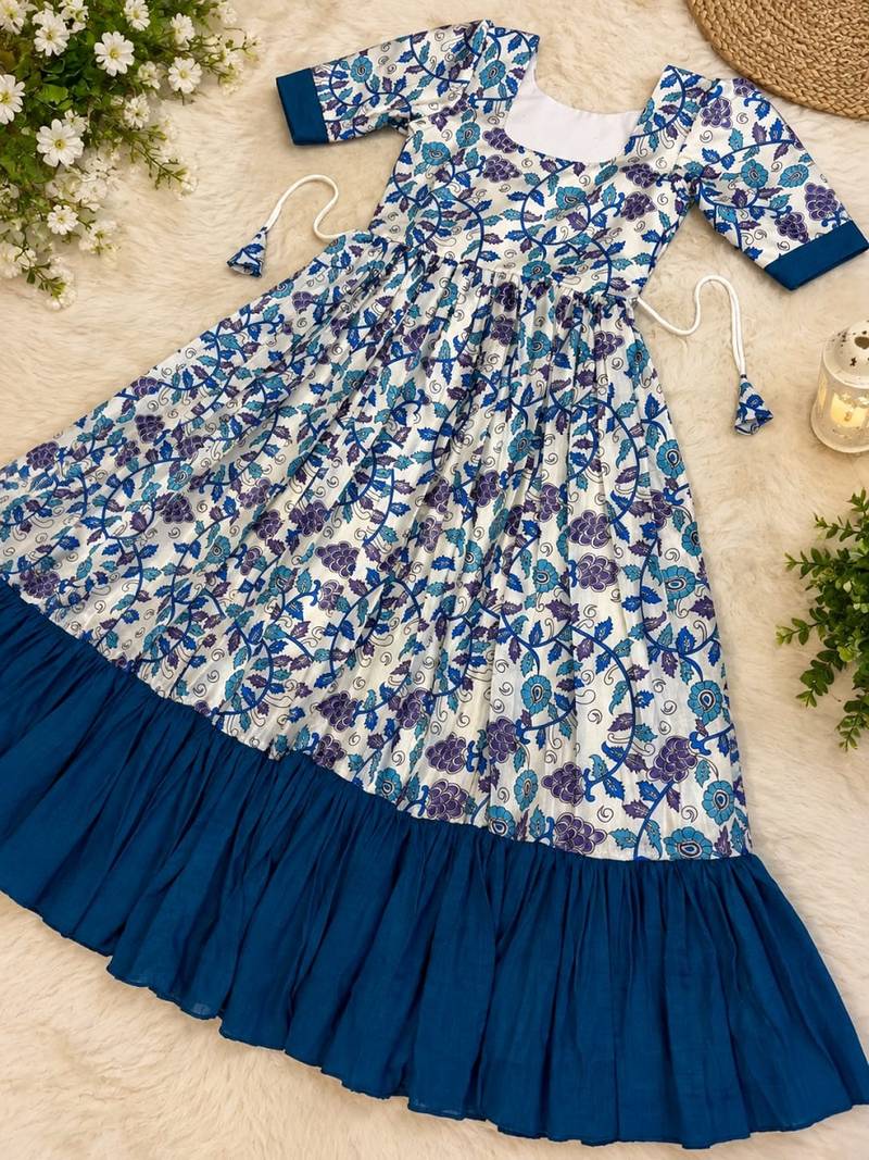 Blue floral print flared anarkali gown with frill border