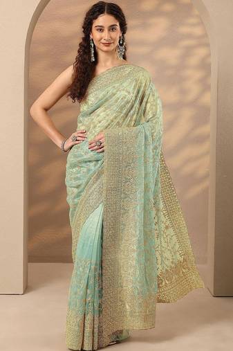 sea green embroidered nylon saree with unstitched blouse piece