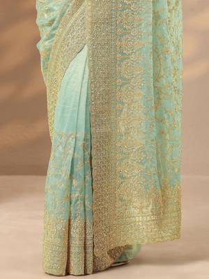 sea green embroidered nylon saree with unstitched blouse piece 2