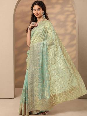 sea green embroidered nylon saree with unstitched blouse piece 3