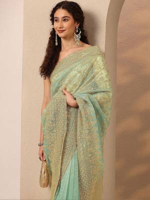 sea green embroidered nylon saree with unstitched blouse piece 5