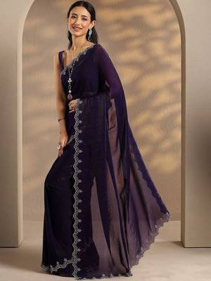 purple solid saree with unstitched blouse piece 1