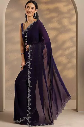 purple solid saree with unstitched blouse piece