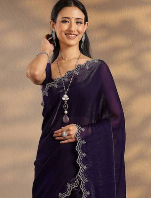 purple solid saree with unstitched blouse piece 3