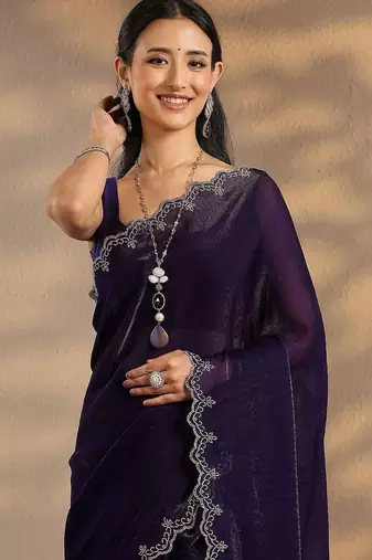 purple solid saree with unstitched blouse piece