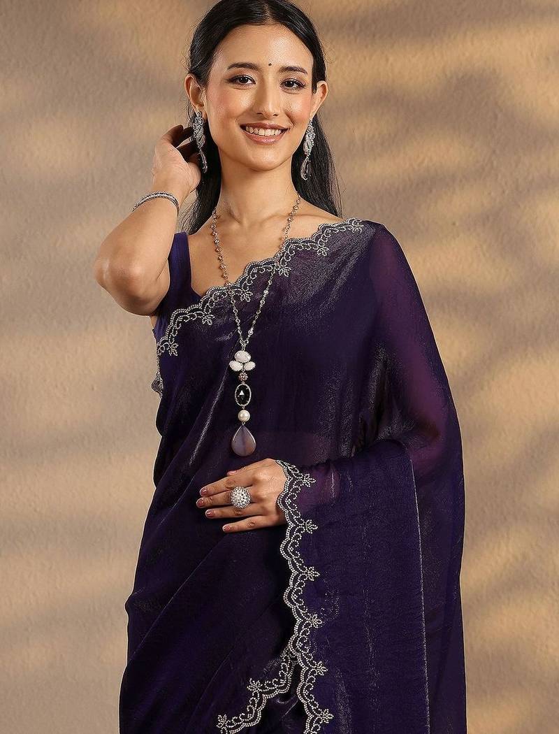 purple solid saree with unstitched blouse piece