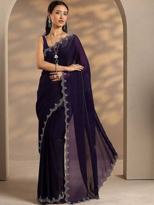 purple solid saree with unstitched blouse piece 4