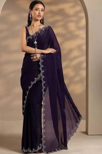 purple solid saree with unstitched blouse piece