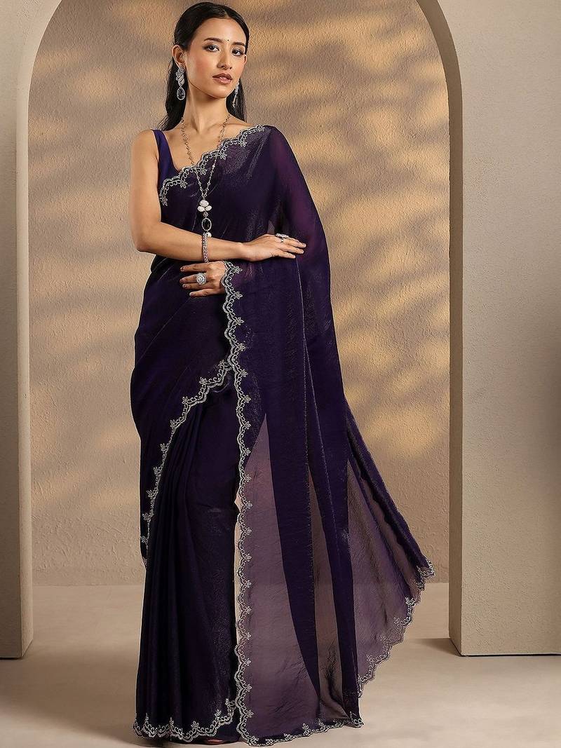 purple solid saree with unstitched blouse piece