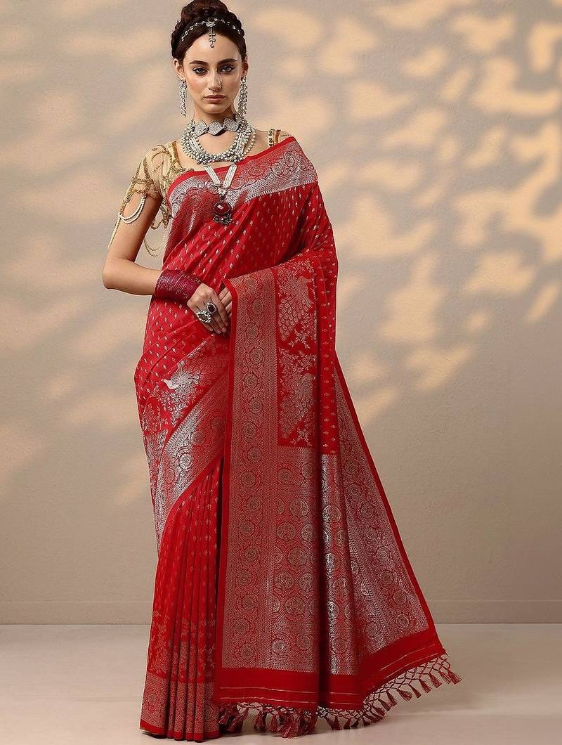 red woven design banarasi saree with unstitched blouse piece