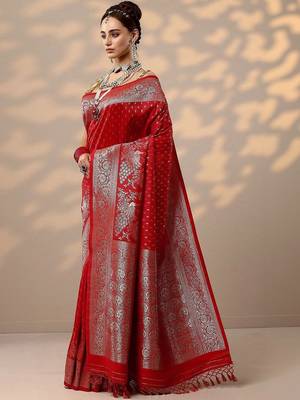 red woven design banarasi saree with unstitched blouse piece 2