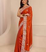 orange floral embroidered silk blend saree