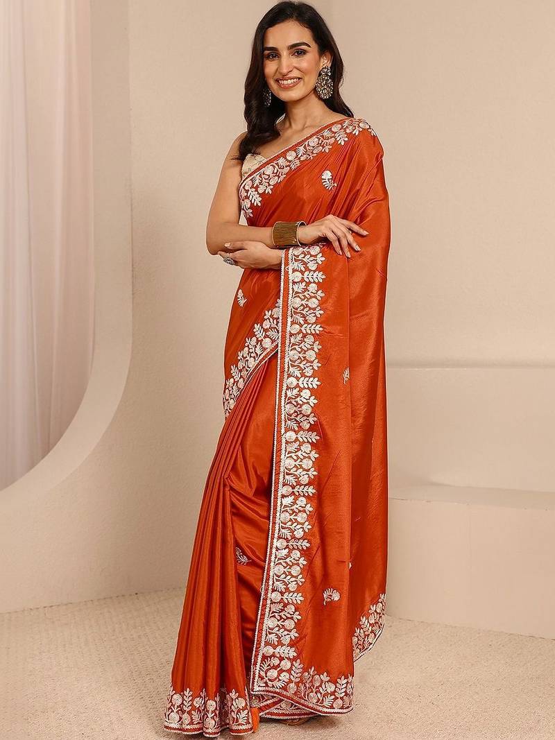 orange floral embroidered silk blend saree