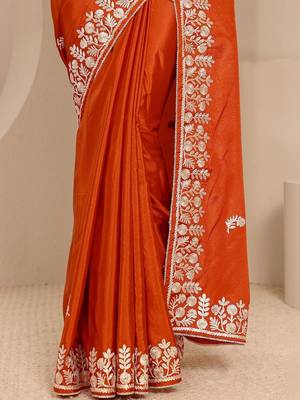 orange floral embroidered silk blend saree 2