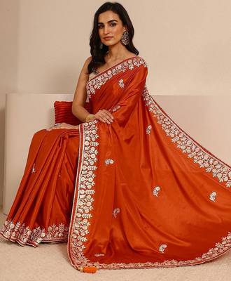orange floral embroidered silk blend saree 5