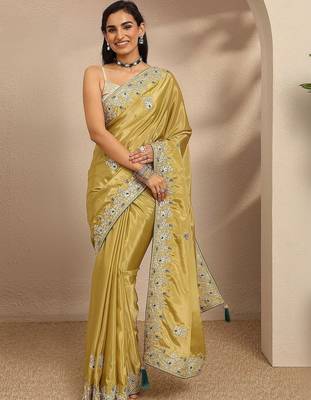 olive floral zari embroidered saree with a blouse piece 1