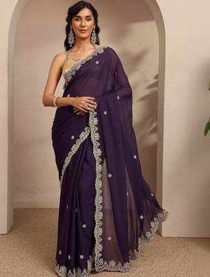 purple embroidered saree with unstitched blouse piece 1