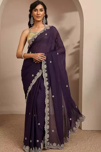 purple embroidered saree with unstitched blouse piece