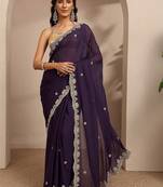 purple embroidered saree with unstitched blouse piece