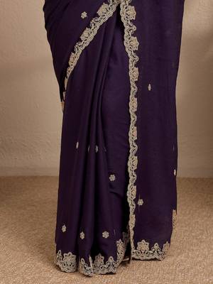 purple embroidered saree with unstitched blouse piece 3