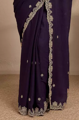 purple embroidered saree with unstitched blouse piece