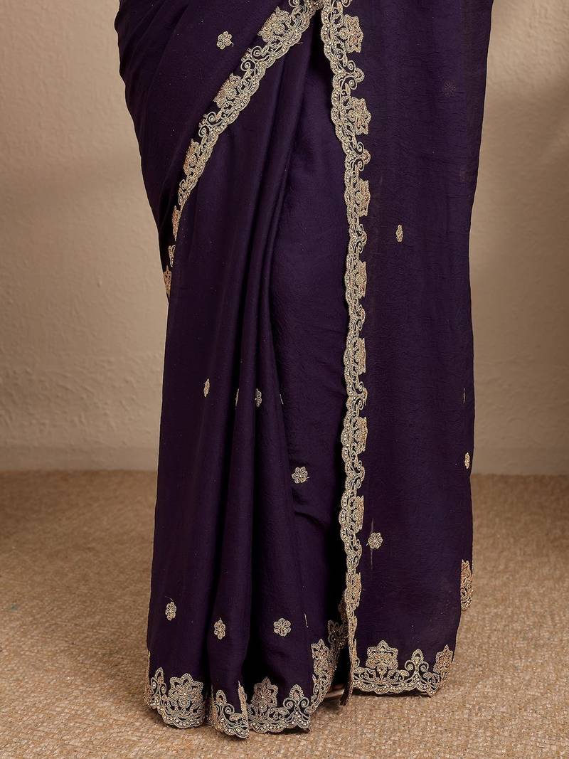 purple embroidered saree with unstitched blouse piece