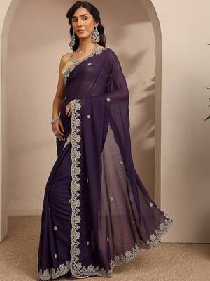 purple embroidered saree with unstitched blouse piece 4