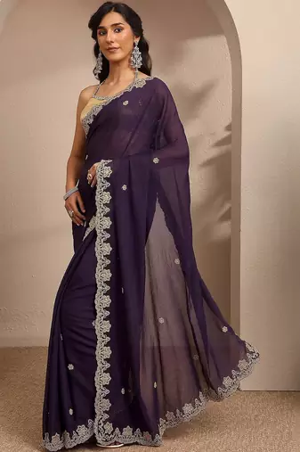 purple embroidered saree with unstitched blouse piece