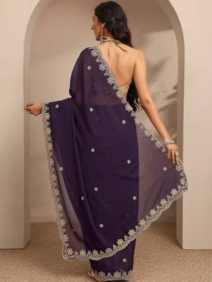 purple embroidered saree with unstitched blouse piece 5