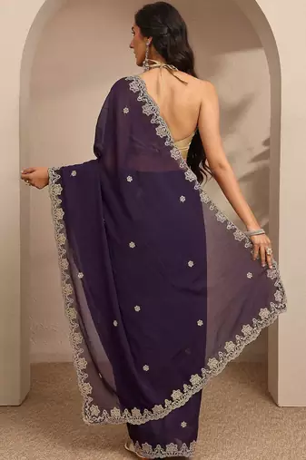purple embroidered saree with unstitched blouse piece