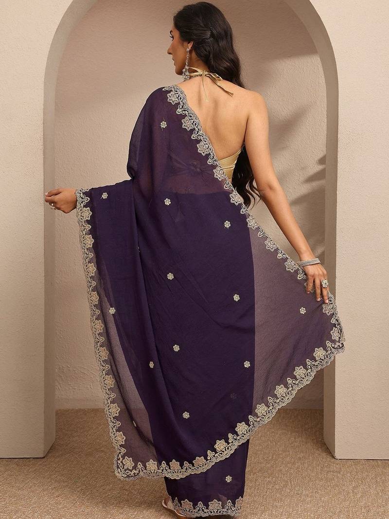 purple embroidered saree with unstitched blouse piece