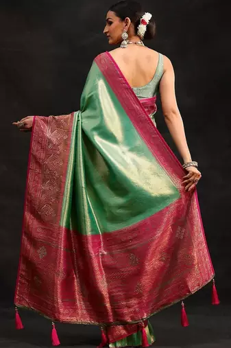 green woven design silk blend saree