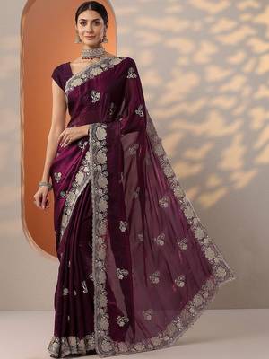 burgundy embroidered organza saree with unstitched blouse piece 1