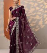 burgundy embroidered organza saree with unstitched blouse piece